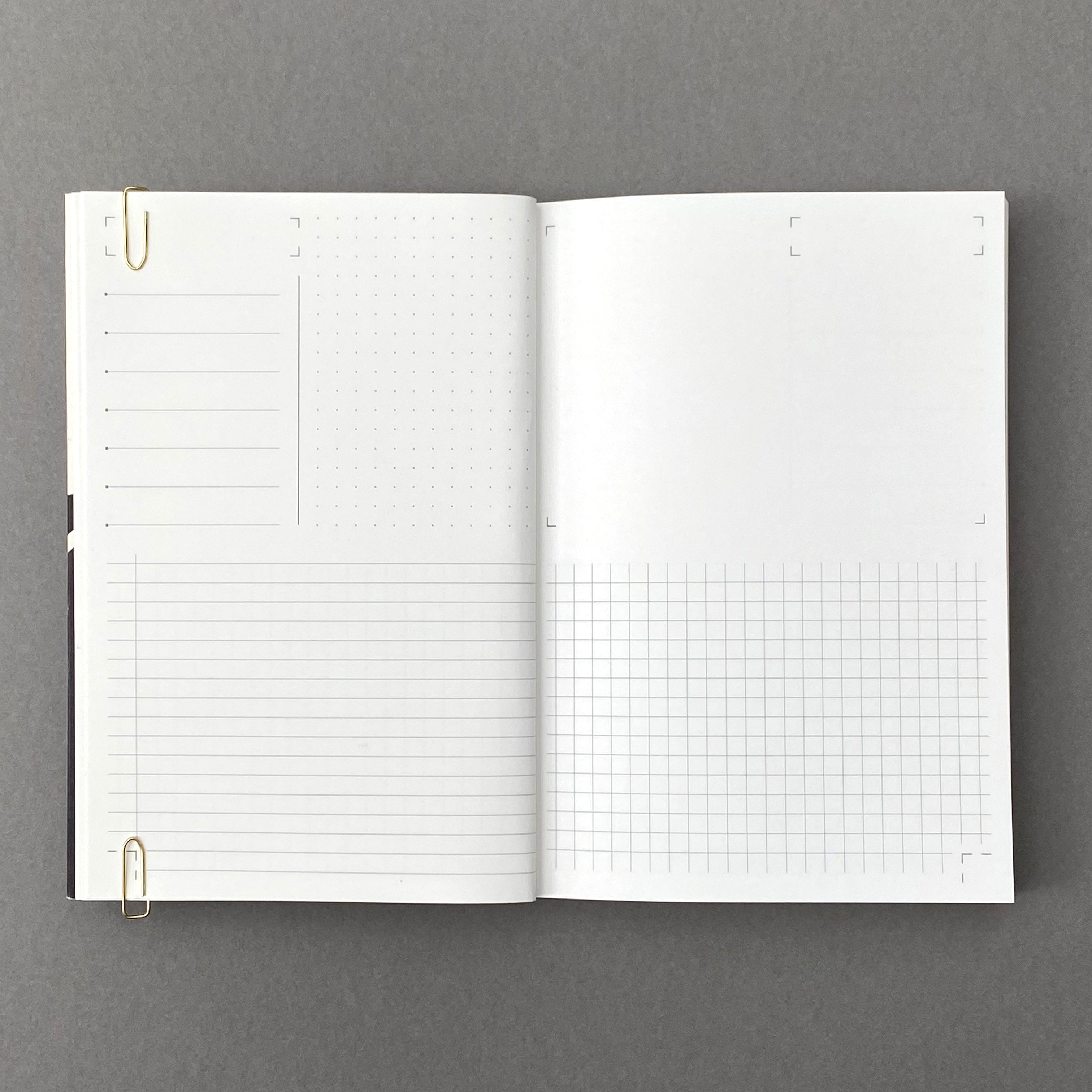 Etch Notebook open showing lined, dot grid, blank and square grid page layouts