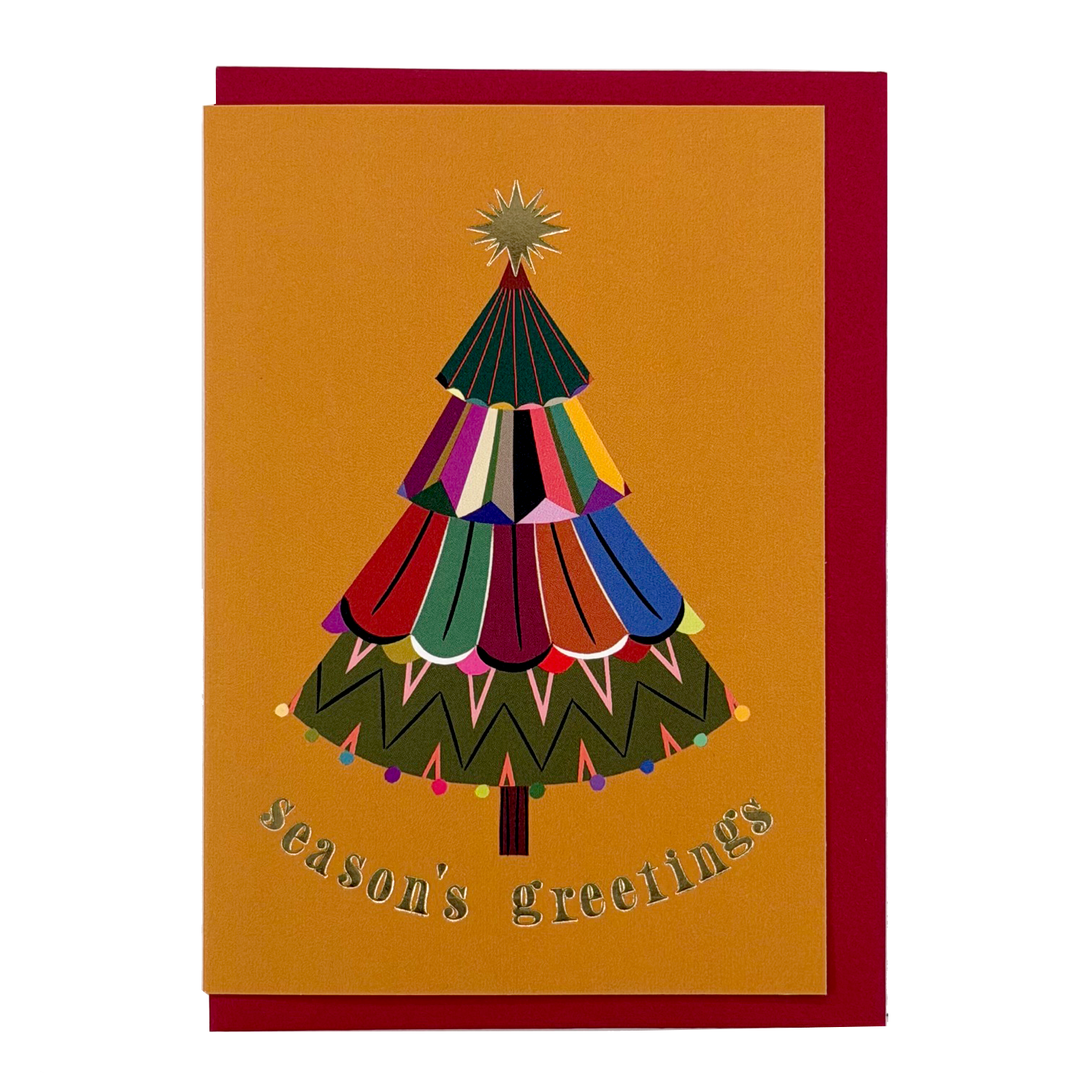 Festive Tree Season's Greetings card by PAVILION with colourful layered Christmas tree, gold foil details and red envelope