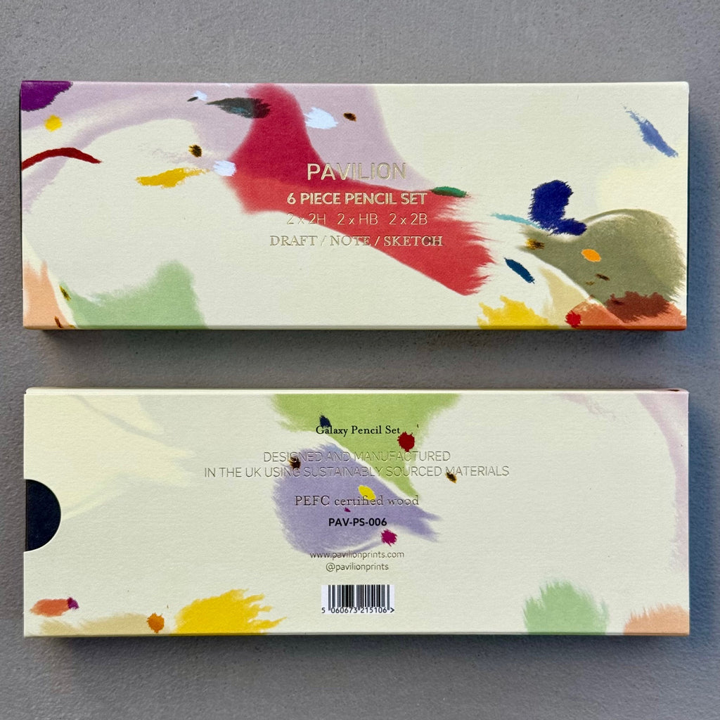 Front and back packaging of Galaxy six piece pencil set