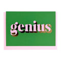 Green Genius card with lilac lettering and gold foil detail, shown with a pink envelope.