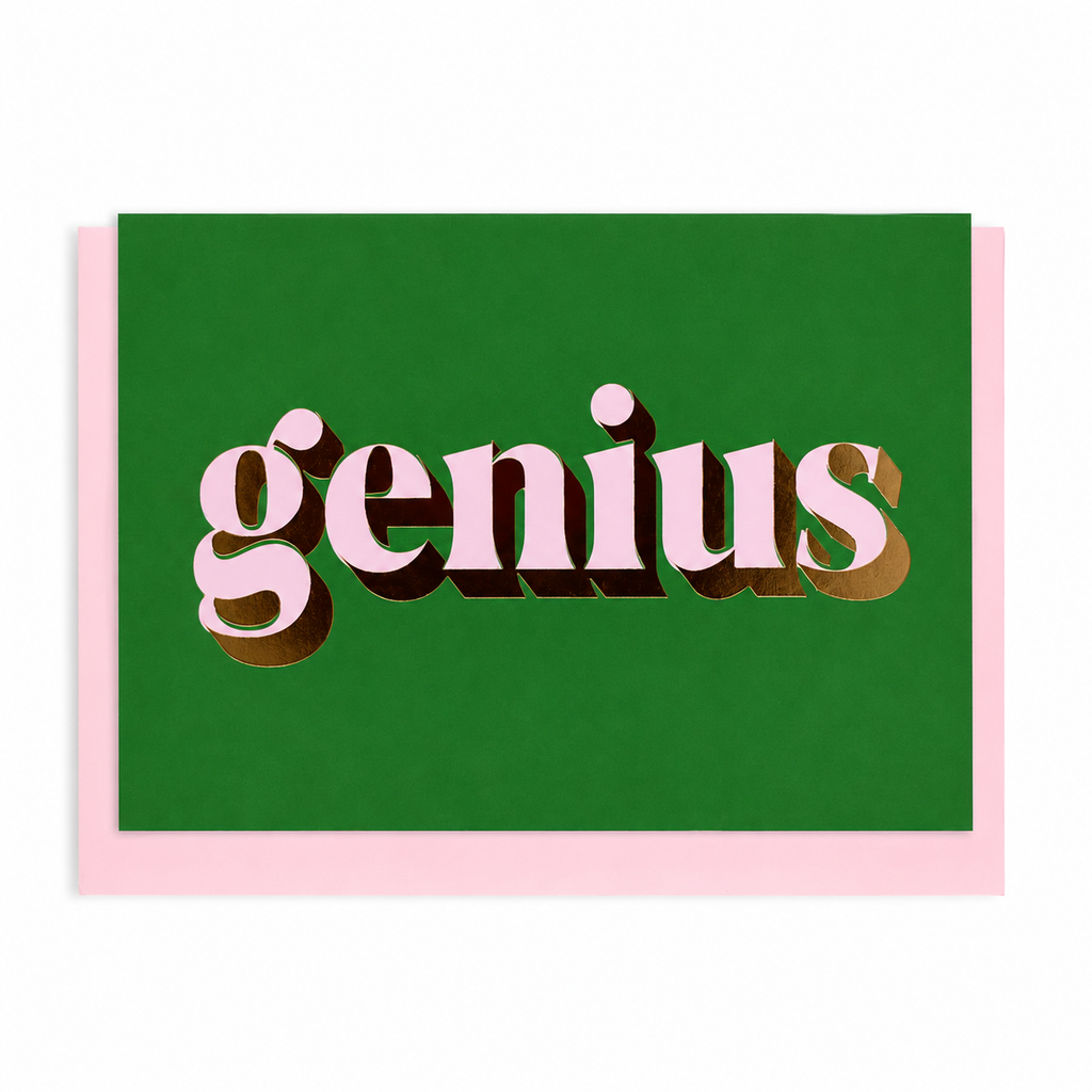 Green Genius card with lilac lettering and gold foil detail, shown with a pink envelope.