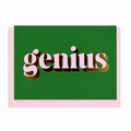 Green Genius card with lilac lettering and gold foil detail, shown with a pink envelope.