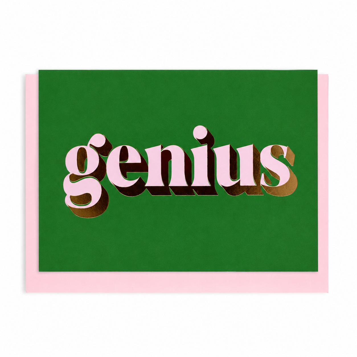 Green Genius card with lilac lettering and gold foil detail, shown with a pink envelope.