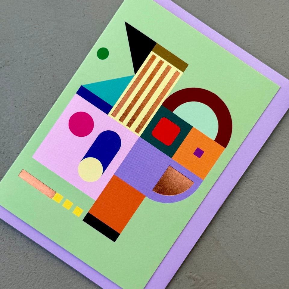Angled view of the Geometric Abstract No.4 greeting card with a lavender envelope, showcasing the modern abstract geometric artwork.