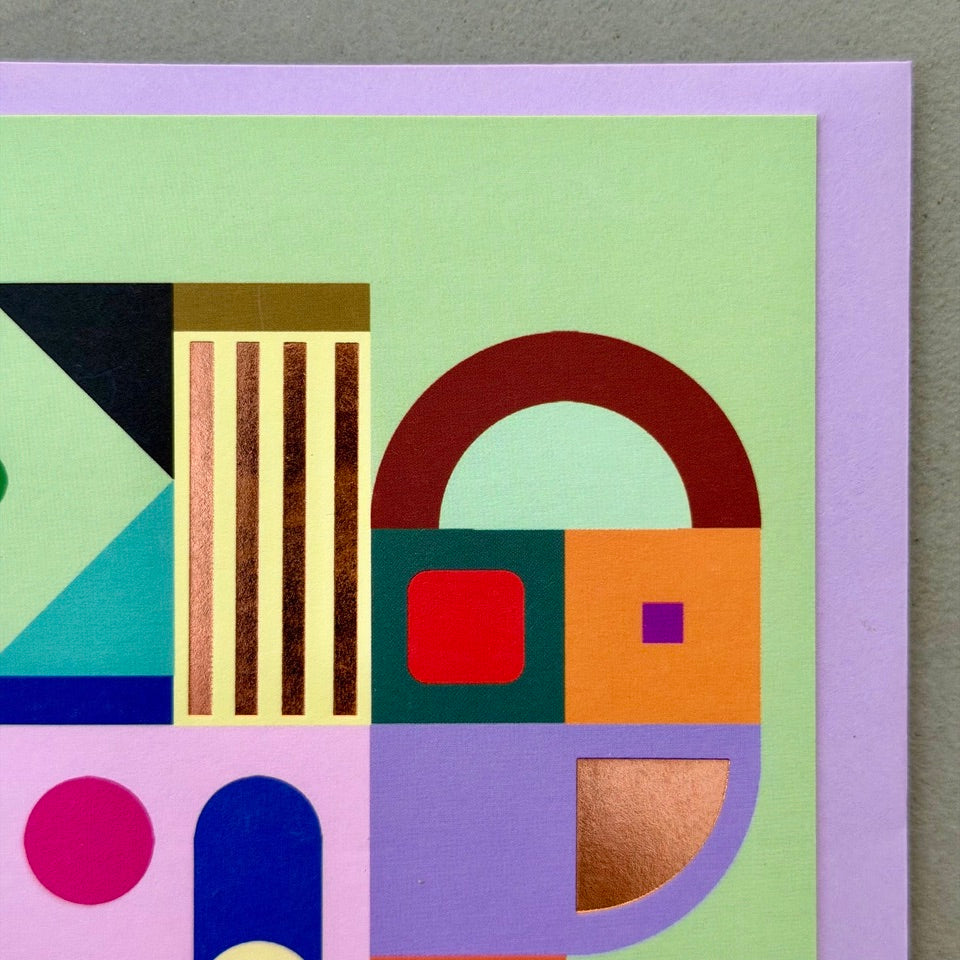 Close-up of the Geometric Abstract No.4 design highlighting bold geometric forms, metallic gold foil details and a contemporary colour palette.