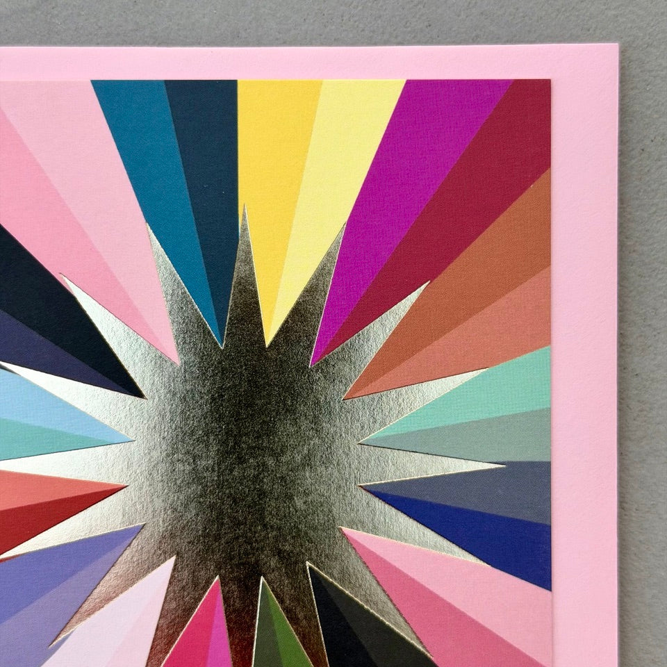 Close-up of the gold foil sunburst and colourful radiating design on the Gold Foil Sunburst Card.
