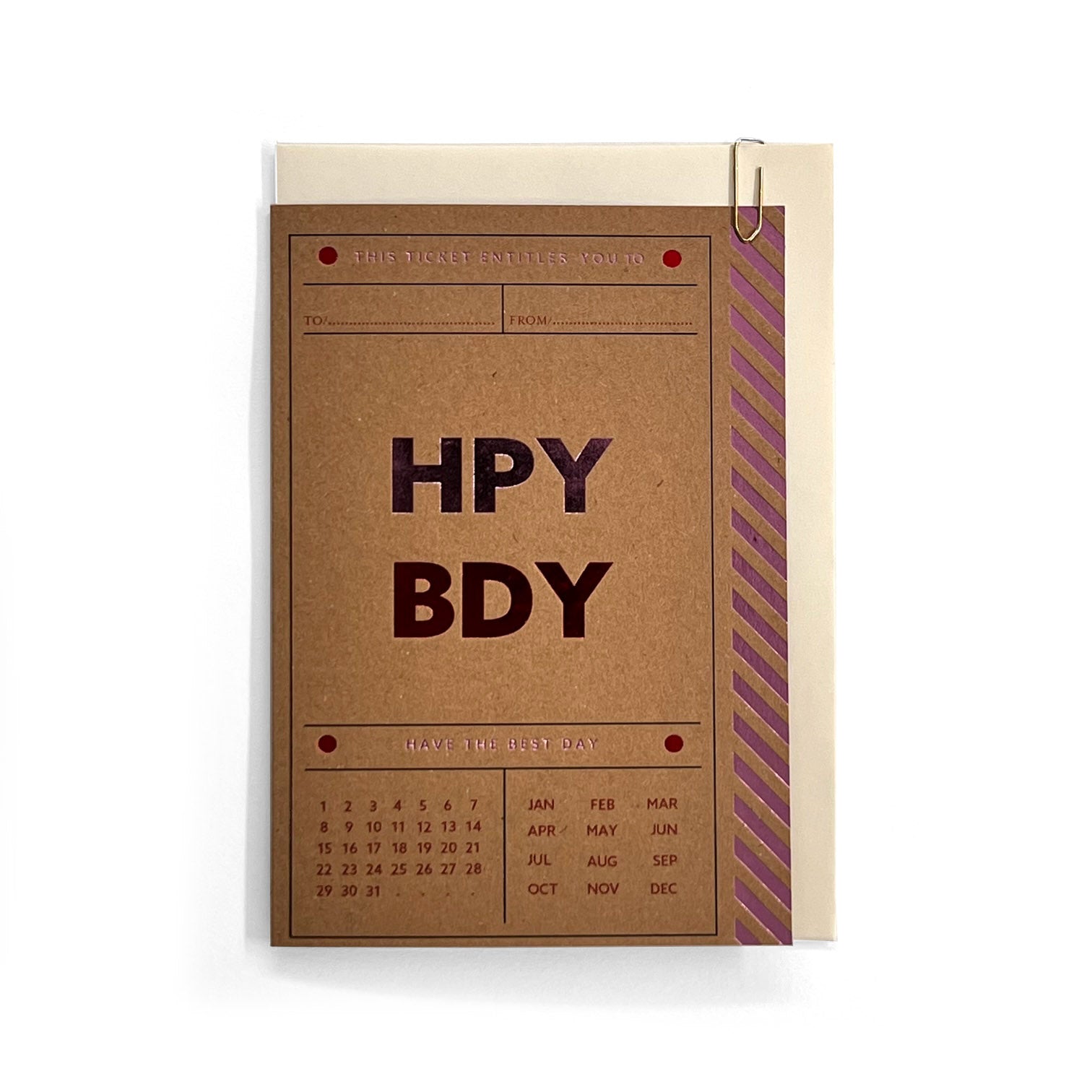 Happy Birthday ticket-style card with pink and red foil on kraft board