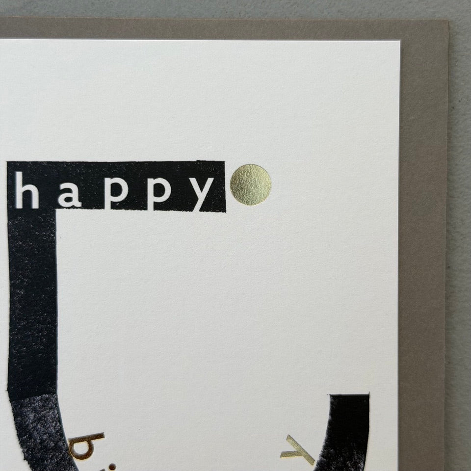 Close-up of the Happy Birthday Typography card highlighting the textured black lettering, gold foil details and clean modern layout.