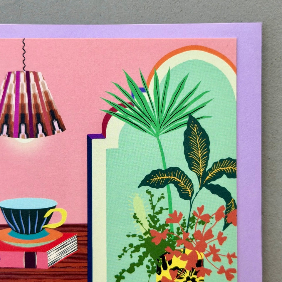 Close-up of the illustrated houseplants and patterned vase on the Home Sanctuary greeting card.