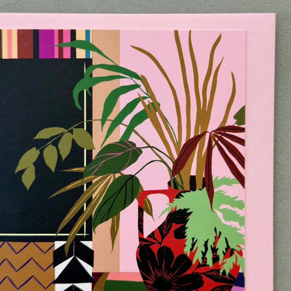 Close-up of the illustrated houseplants and patterned planter on the Houseplant Interior greeting card.
