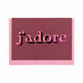 Mauve J’adore card with pink lettering and metallic pink foil detail, shown with a pink envelope.