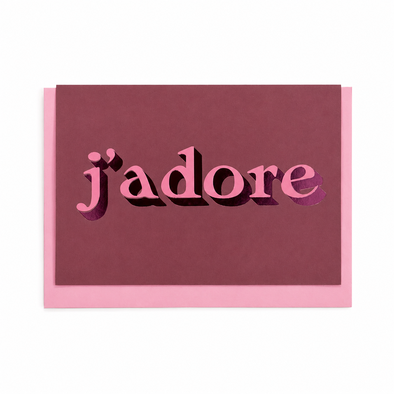 Mauve J’adore card with pink lettering and metallic pink foil detail, shown with a pink envelope.