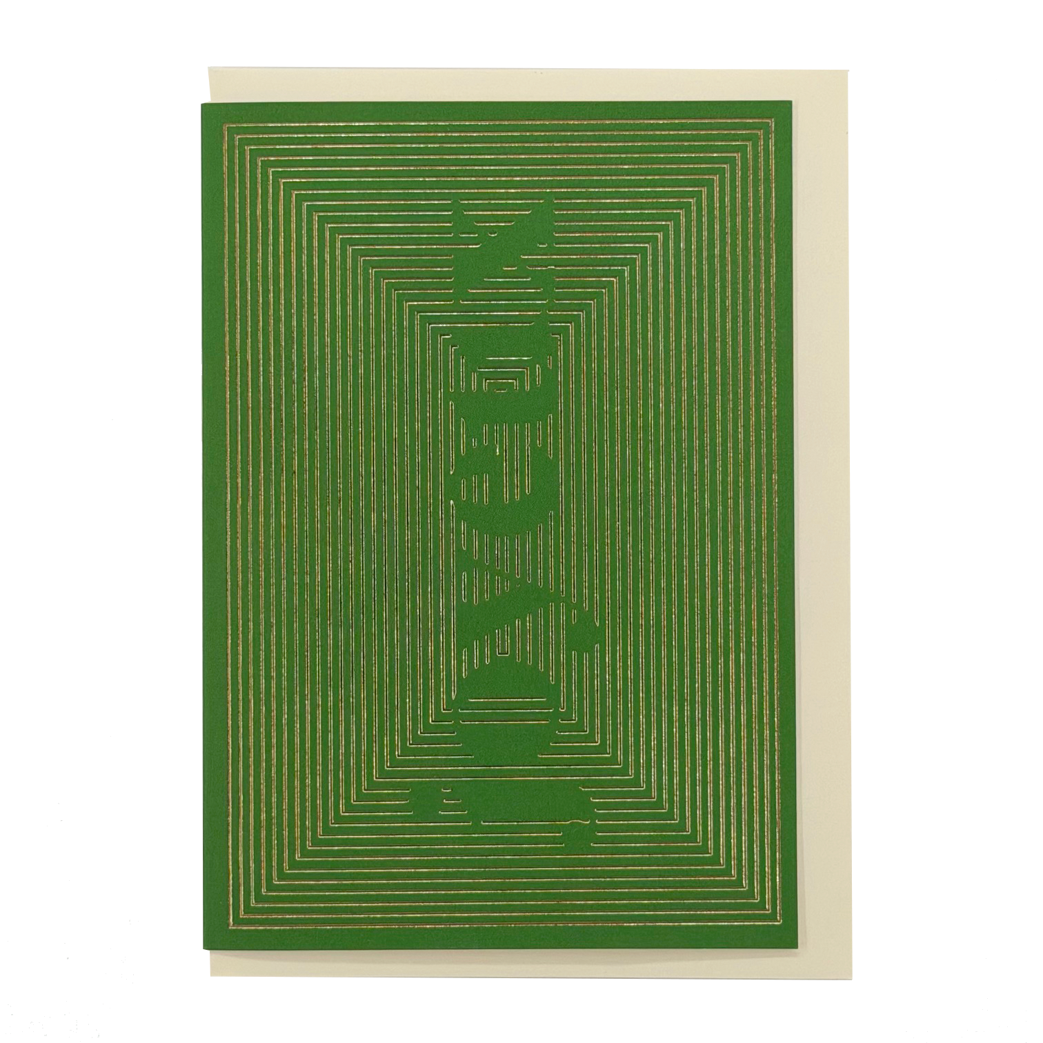 Front view of Joyeux Christmas card by PAVILION with geometric gold foil linework on green and an ivory envelope