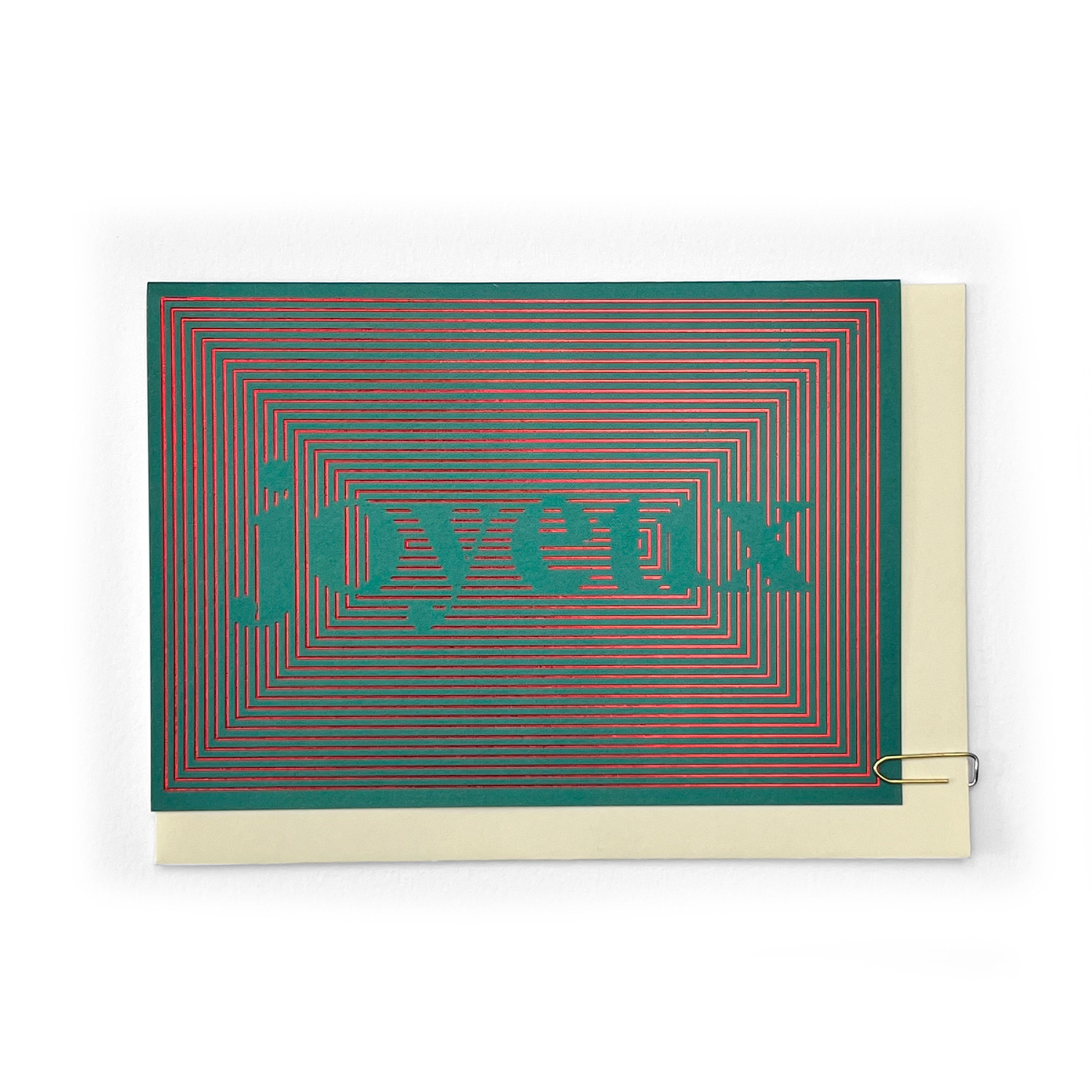 Joyeux Noël Christmas card with red foil linear typography on a teal background
