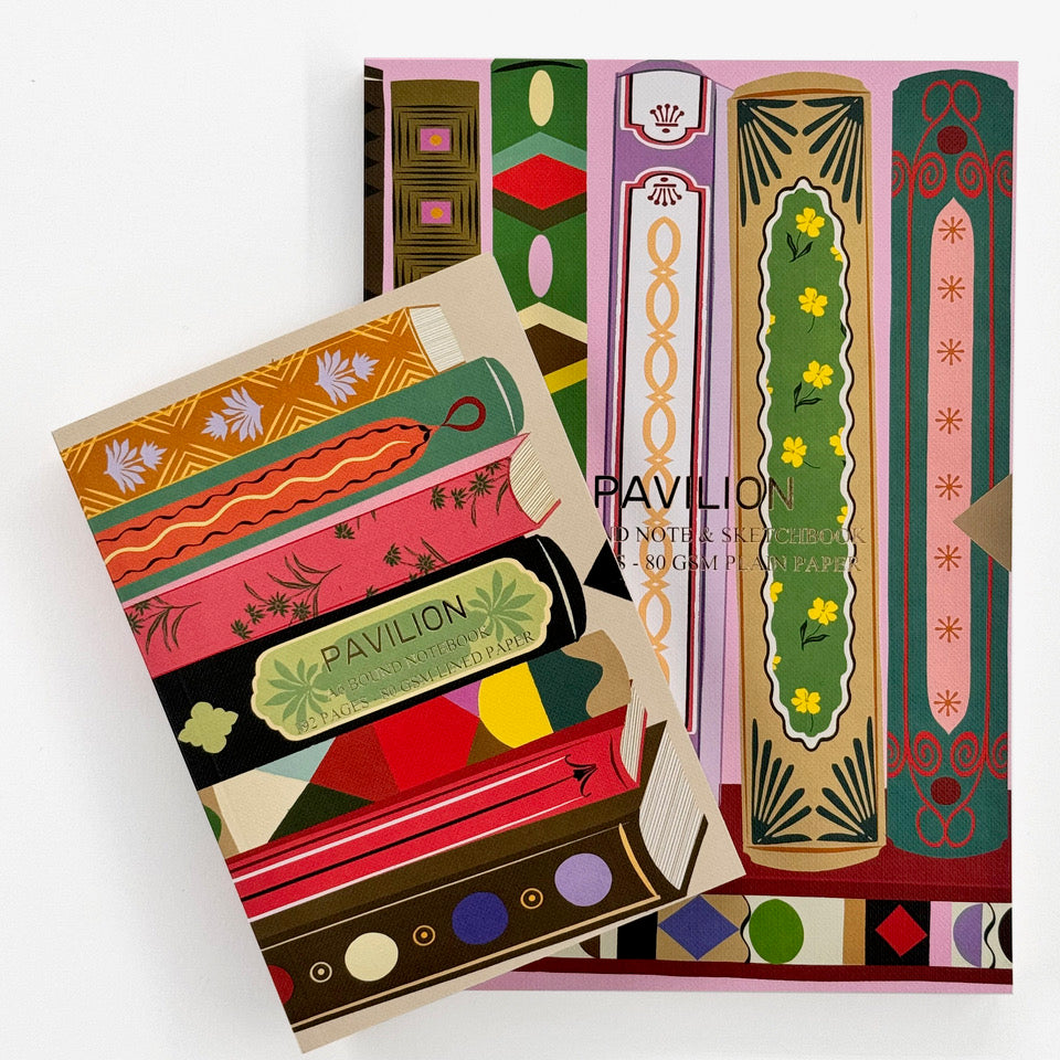 Library A5 and A6 notebooks shown together with colourful illustrated book cover designs