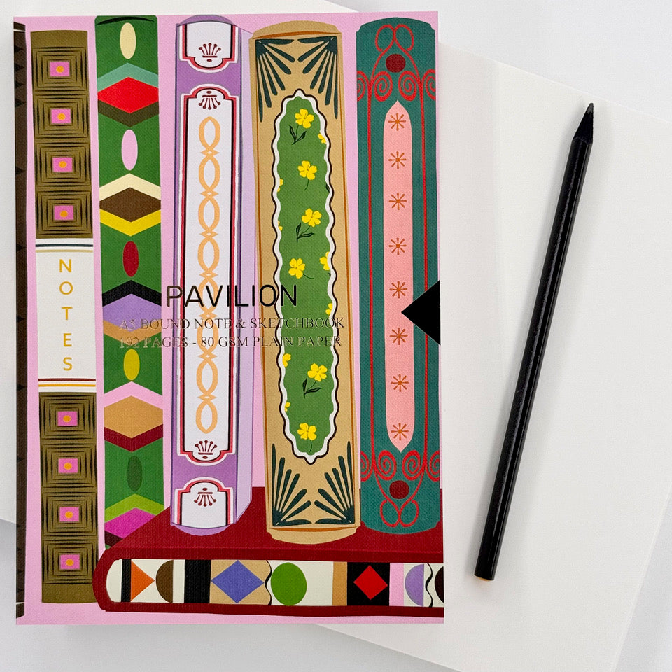 Library A5 notebook with colourful illustrated book spine cover and black pencil