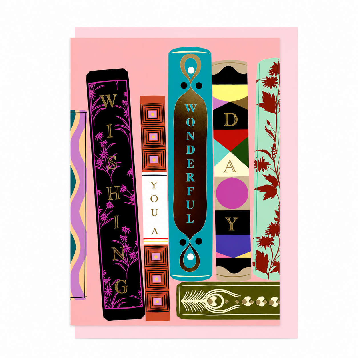 Library Collection 01 greeting card featuring an illustrated bookshelf with colourful decorative book spines spelling "Wishing You a Wonderful Day", shown with a pale pink envelope.
