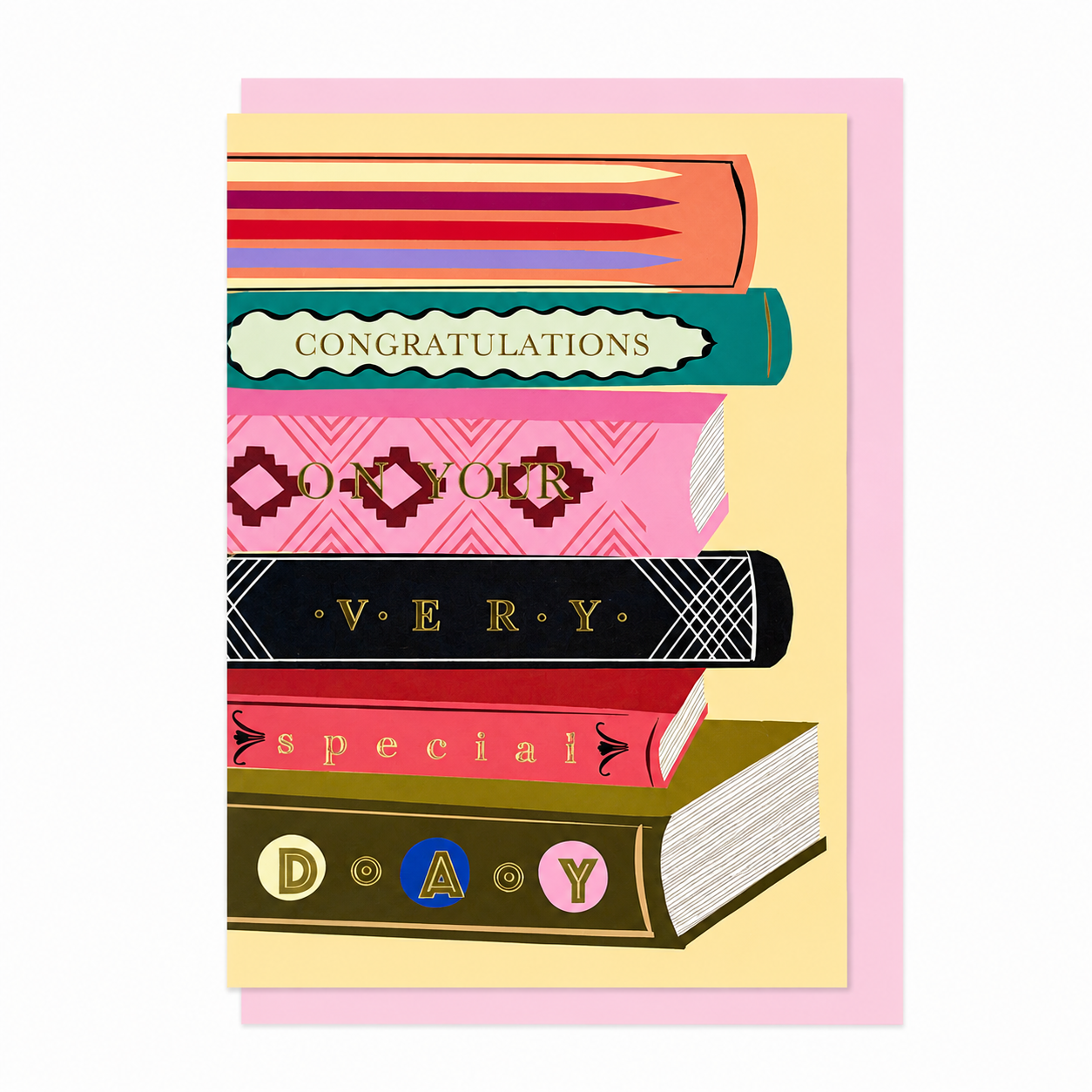 Library Collection 03 greeting card featuring a stack of illustrated books spelling "Congratulations on your very special day", shown with a pale pink envelope.