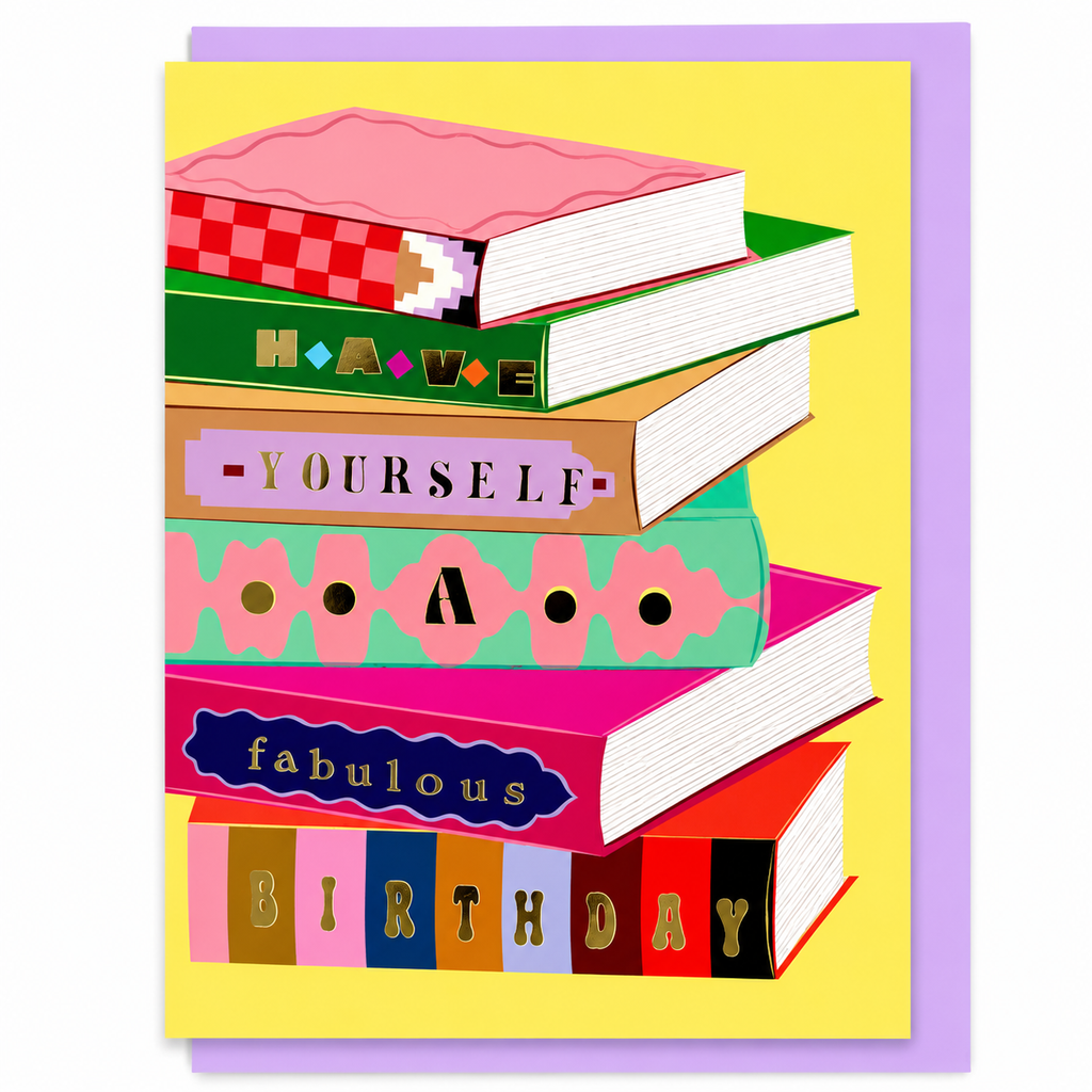 Library Collection 12 birthday card featuring a colourful stack of illustrated books spelling "Have Yourself a Fabulous Birthday", shown with a lavender envelope.
