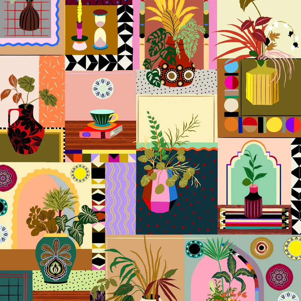 Lifestyle wrapping paper design featuring colourful interiors, plants and decorative objects