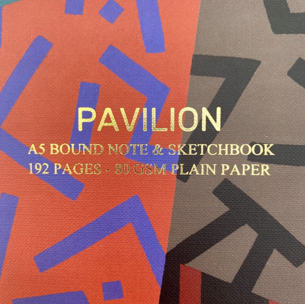 Close-up of Maze A5 notebook cover with gold foil lettering and abstract geometric pattern