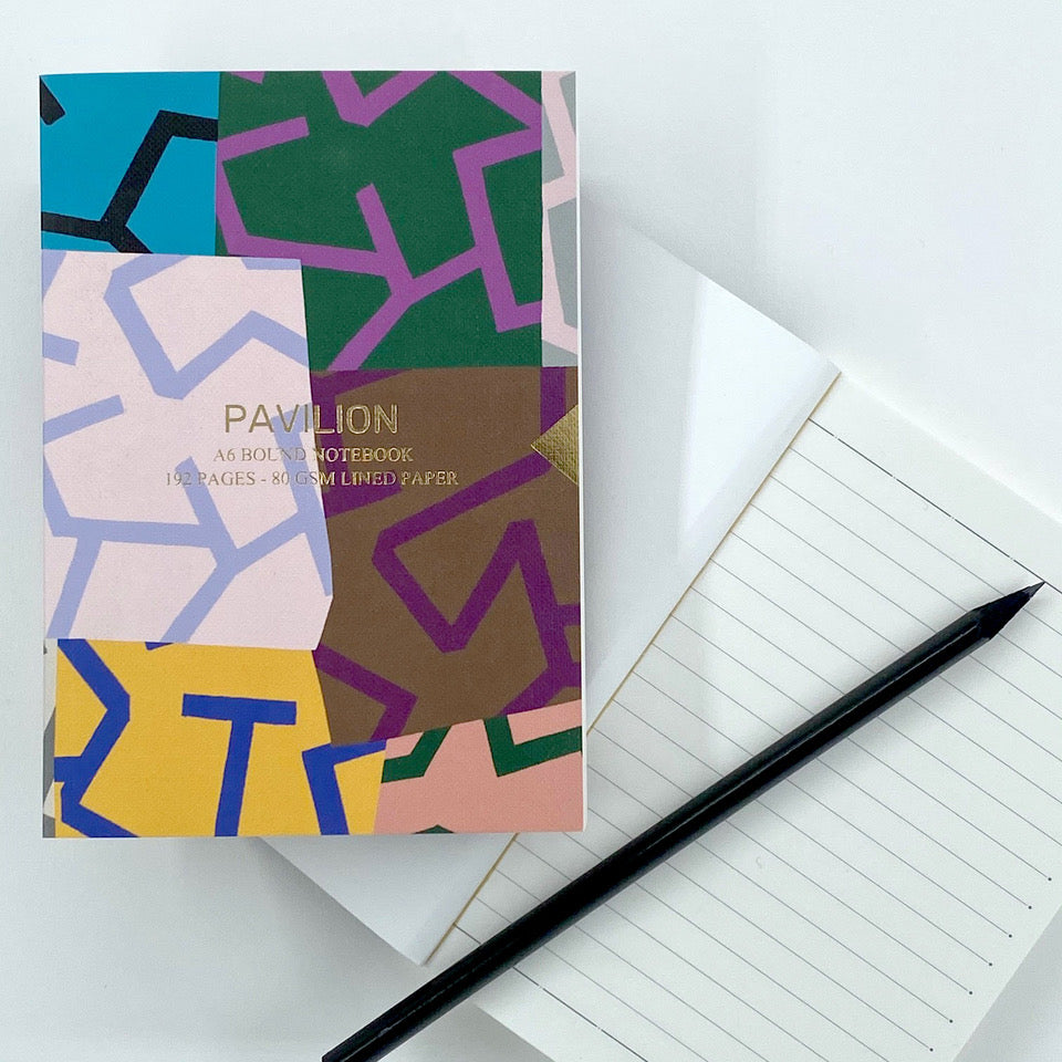 Maze A6 Notebook with colourful abstract geometric cover and lined pages