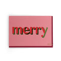 Merry Christmas card with red and green foiled typography on a white background