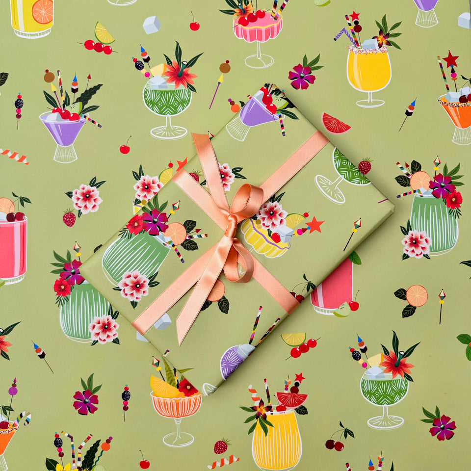 Mixology wrapping paper with wrapped gift and colourful cocktail design