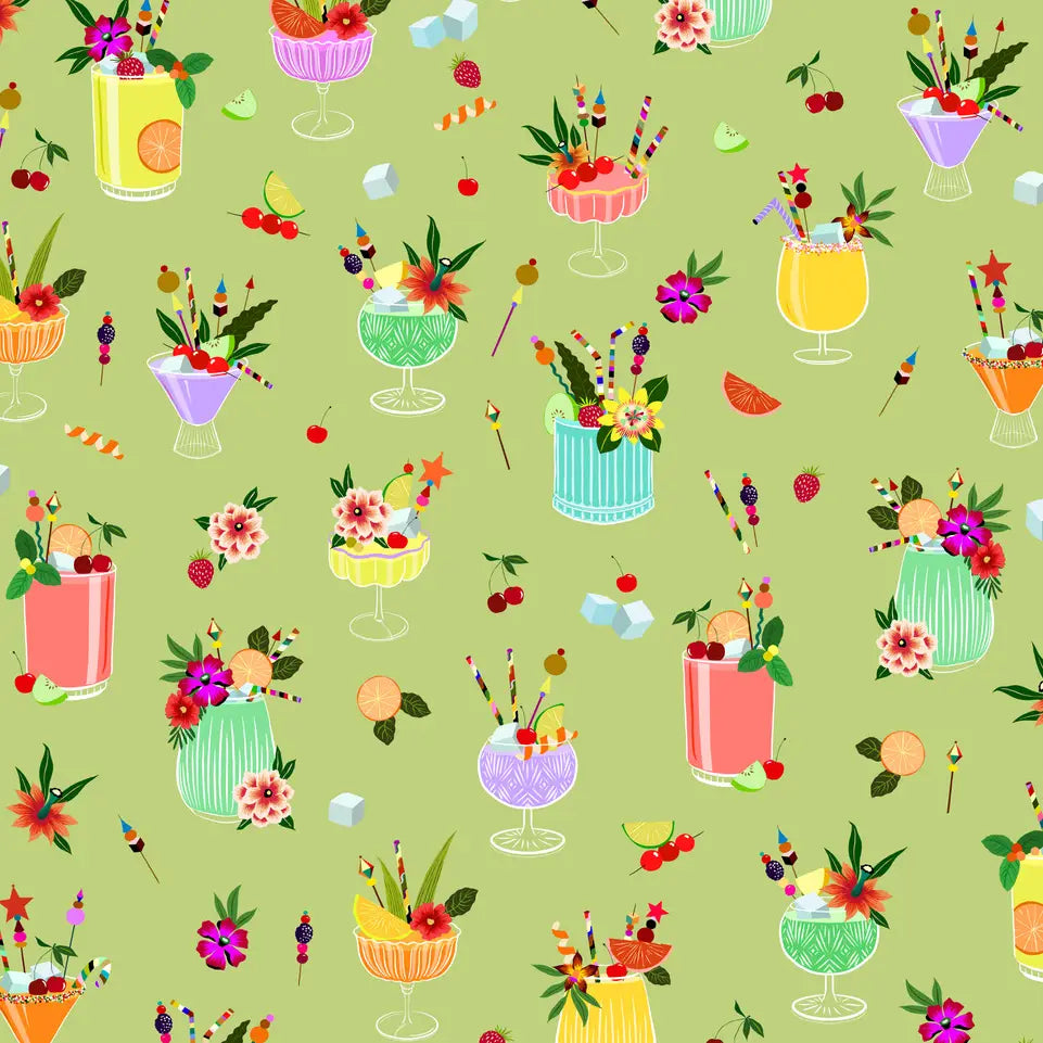 Mixology wrapping paper design featuring colourful cocktails, fruit and flowers