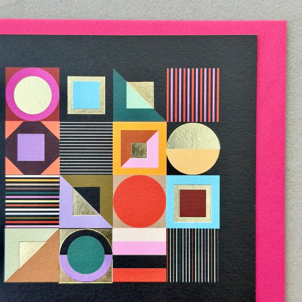 Close-up of the Modern Geometric greeting card highlighting the colourful geometric pattern, metallic gold foil accents and bold contemporary design.
