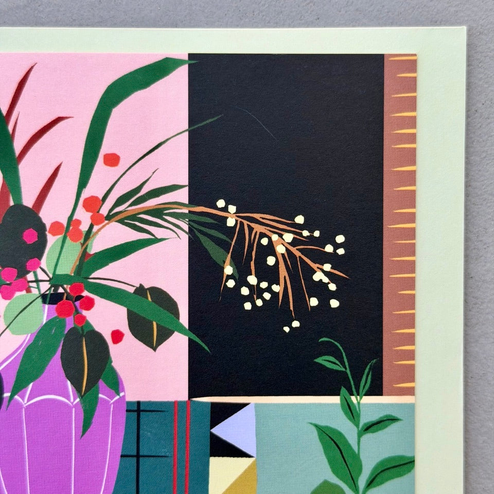 Close-up of the illustrated plants and decorative details on the Modern Interior greeting card.