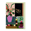 Greeting card featuring an illustrated modern interior with plants, vases and geometric patterns on a pale green envelope.
