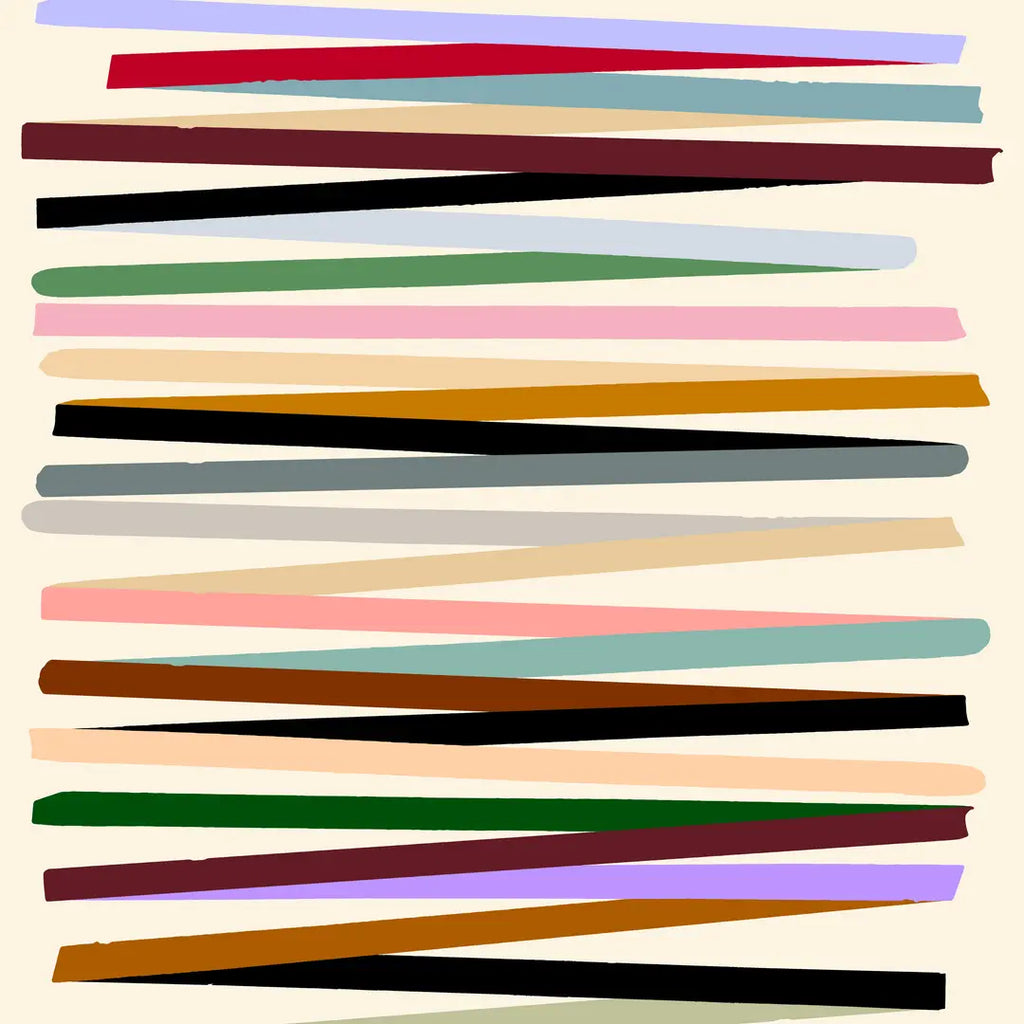 Mondo wrapping paper design featuring irregular multicoloured stripes on a cream background
