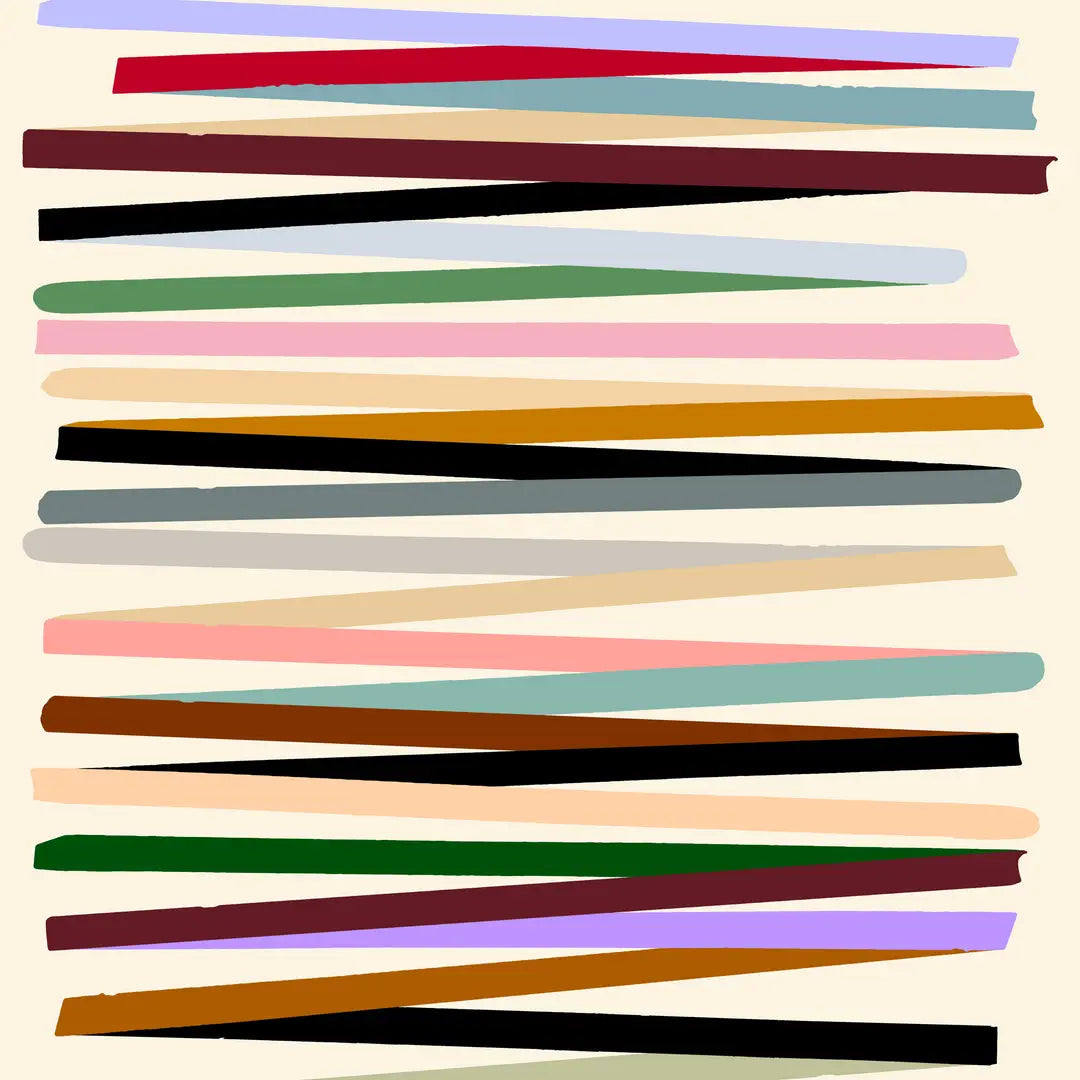 Mondo wrapping paper design featuring irregular multicoloured stripes on a cream background
