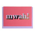 Bright pink Mwah! card with lilac lettering and gold foil detail, shown with a lilac envelope