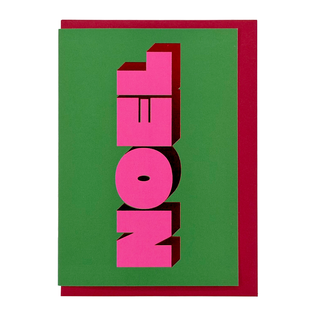 Front view of Noel Christmas card by PAVILION with pink 3D lettering on a green background and red envelope