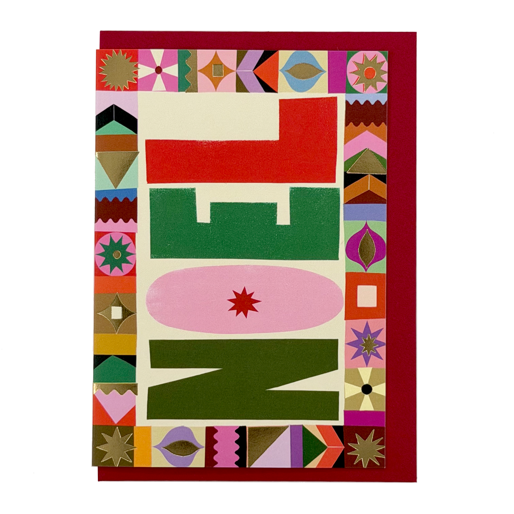 NOEL Christmas card by PAVILION with bold graphic lettering, decorative patterned border and red envelope
