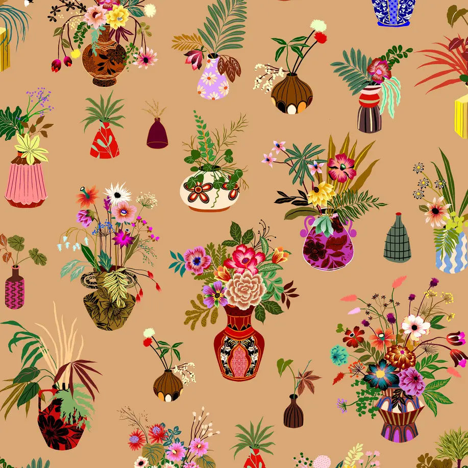 Objet wrapping paper design featuring colourful flowers and decorative vases