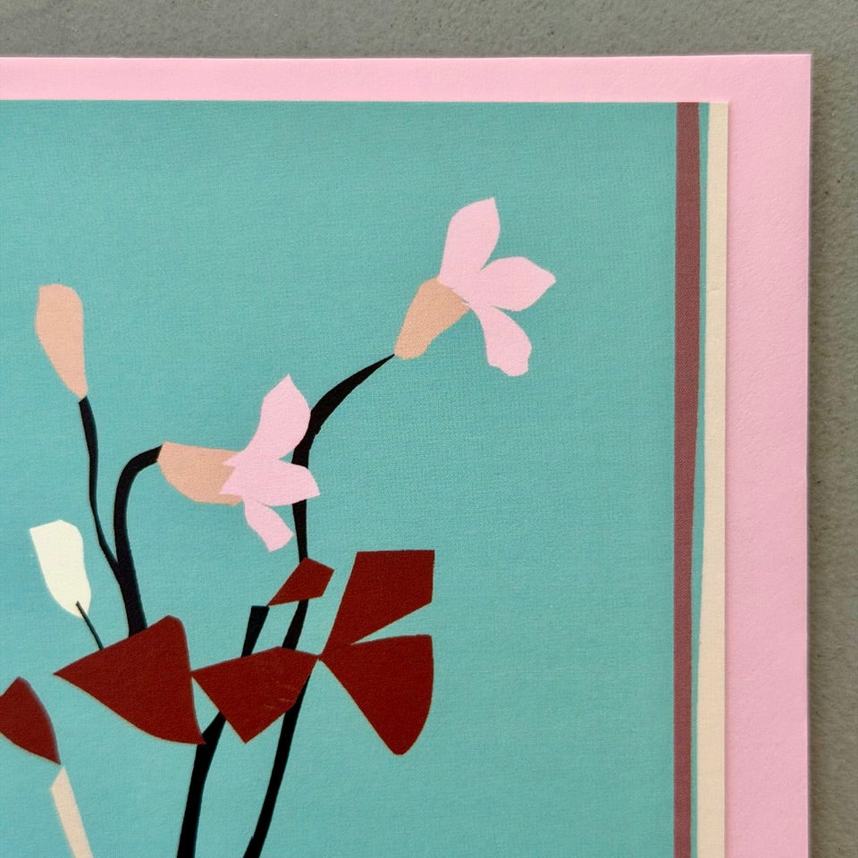 Close-up of the illustrated oxalis flowers and foliage on the Oxalis greeting card.