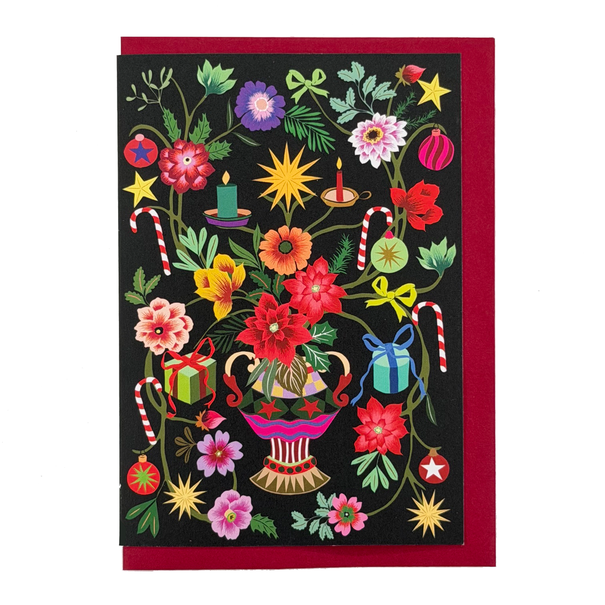 Painted Garden Christmas card by PAVILION with colourful flowers, candy canes, candles, baubles and wrapped gifts on a dark ground
