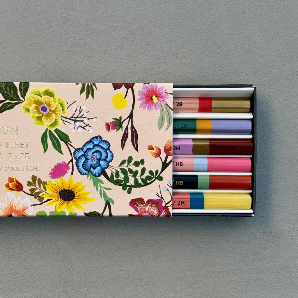 Painted Garden pencil set with six colourful graphite pencils and a floral presentation box.
