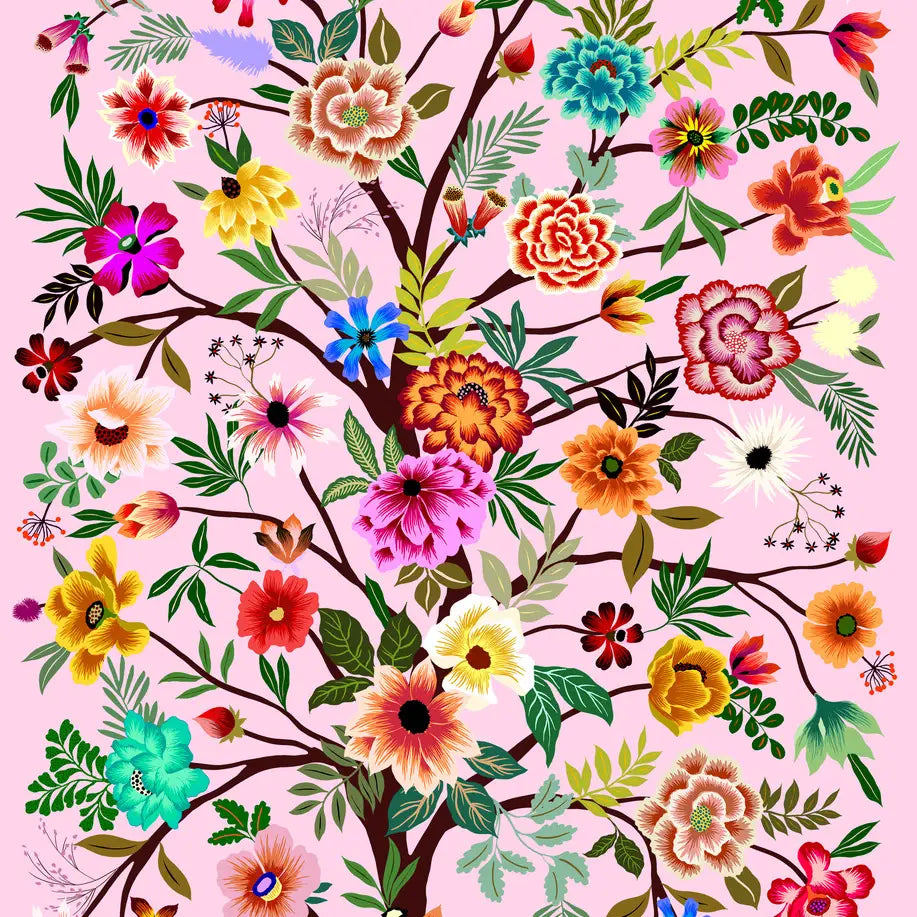 Painted Garden floral wrapping paper design on a pink background