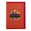 Peace Bauble Christmas card by PAVILION with patterned bauble illustration, gold foil lettering and red envelope
