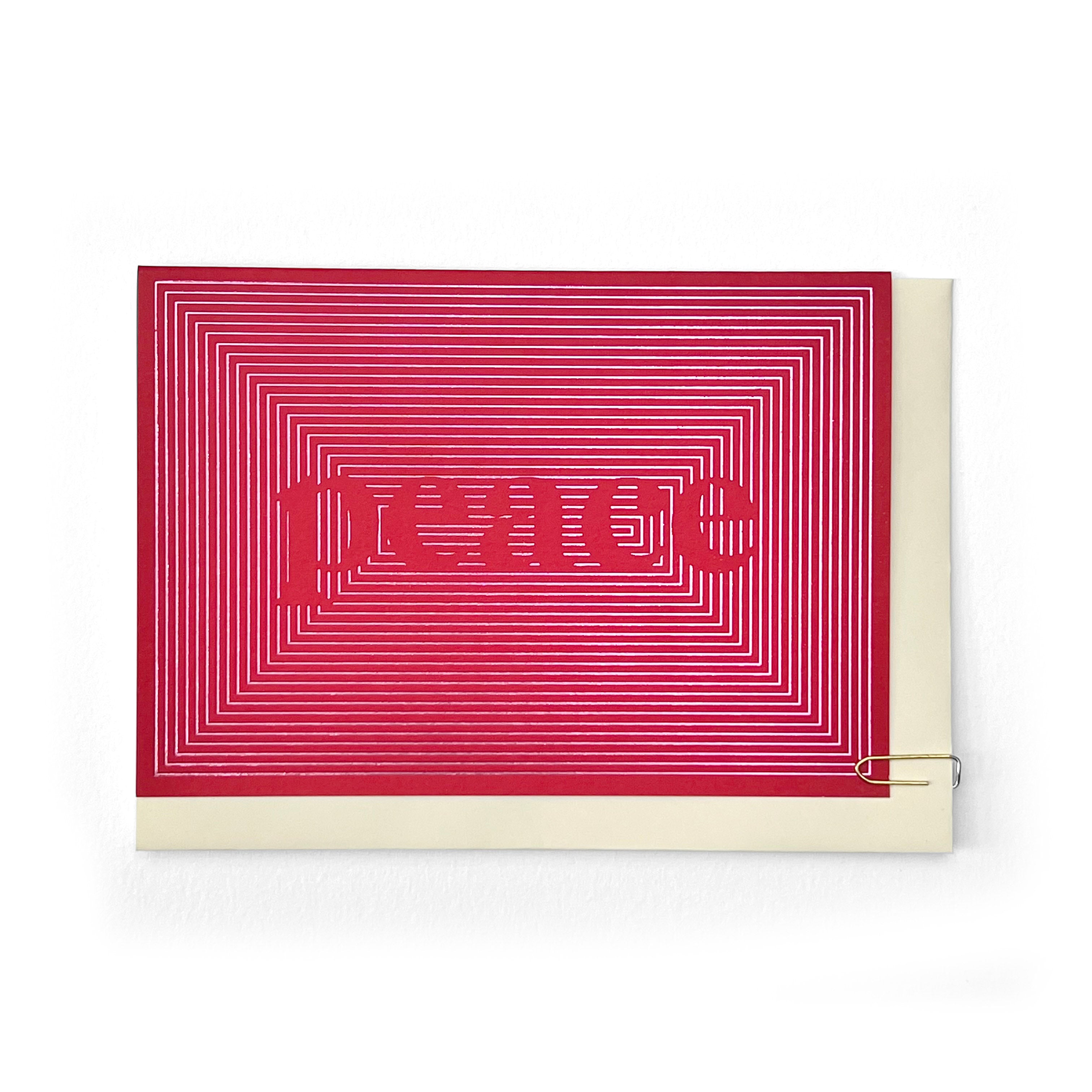 Peace Christmas card pink foiled linear typography on a red background