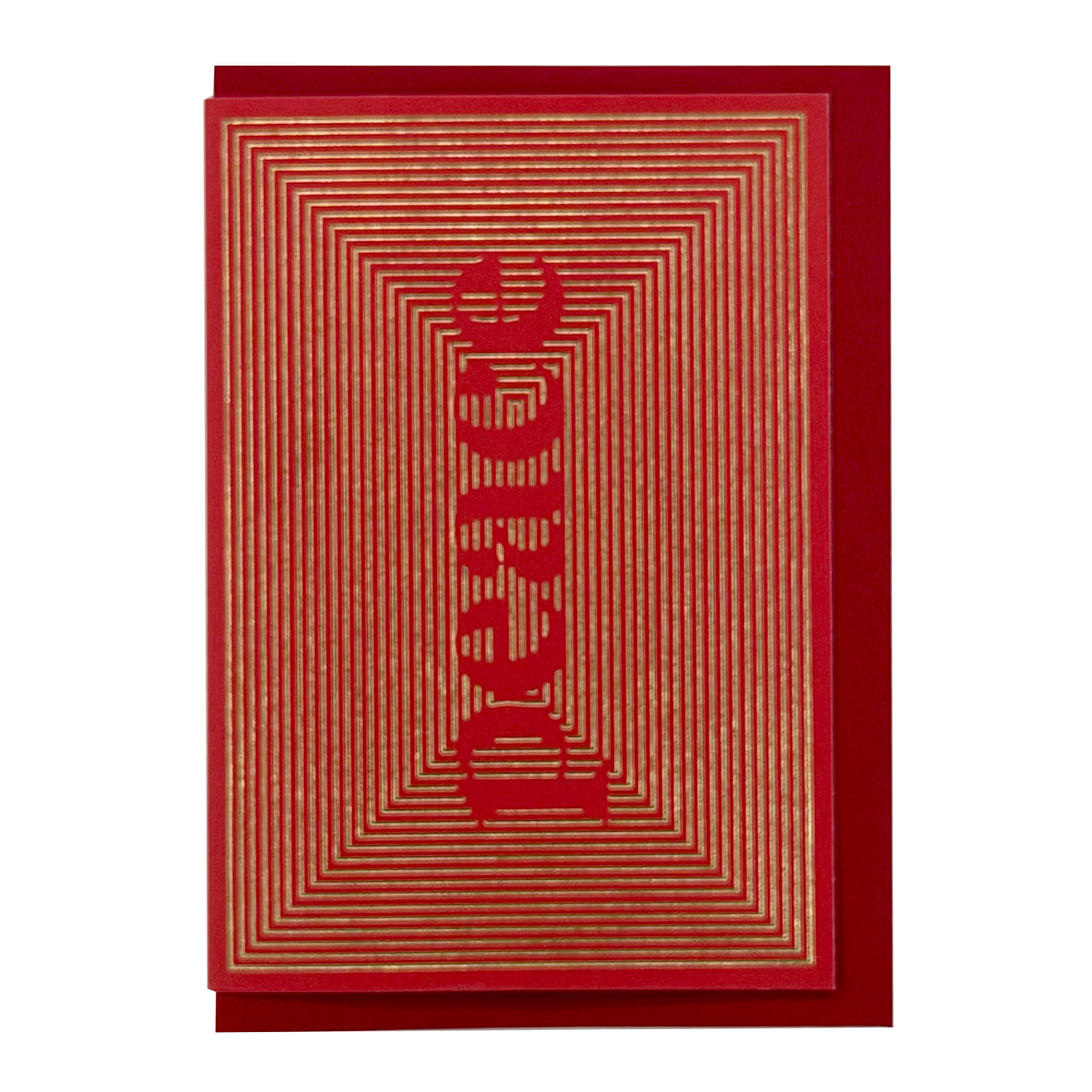 Front view of Peace Christmas card by PAVILION with geometric gold foil linework on red and a crimson envelope