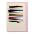 Off-white Rhythm card with layered multicoloured lines, shown with a pink envelope.