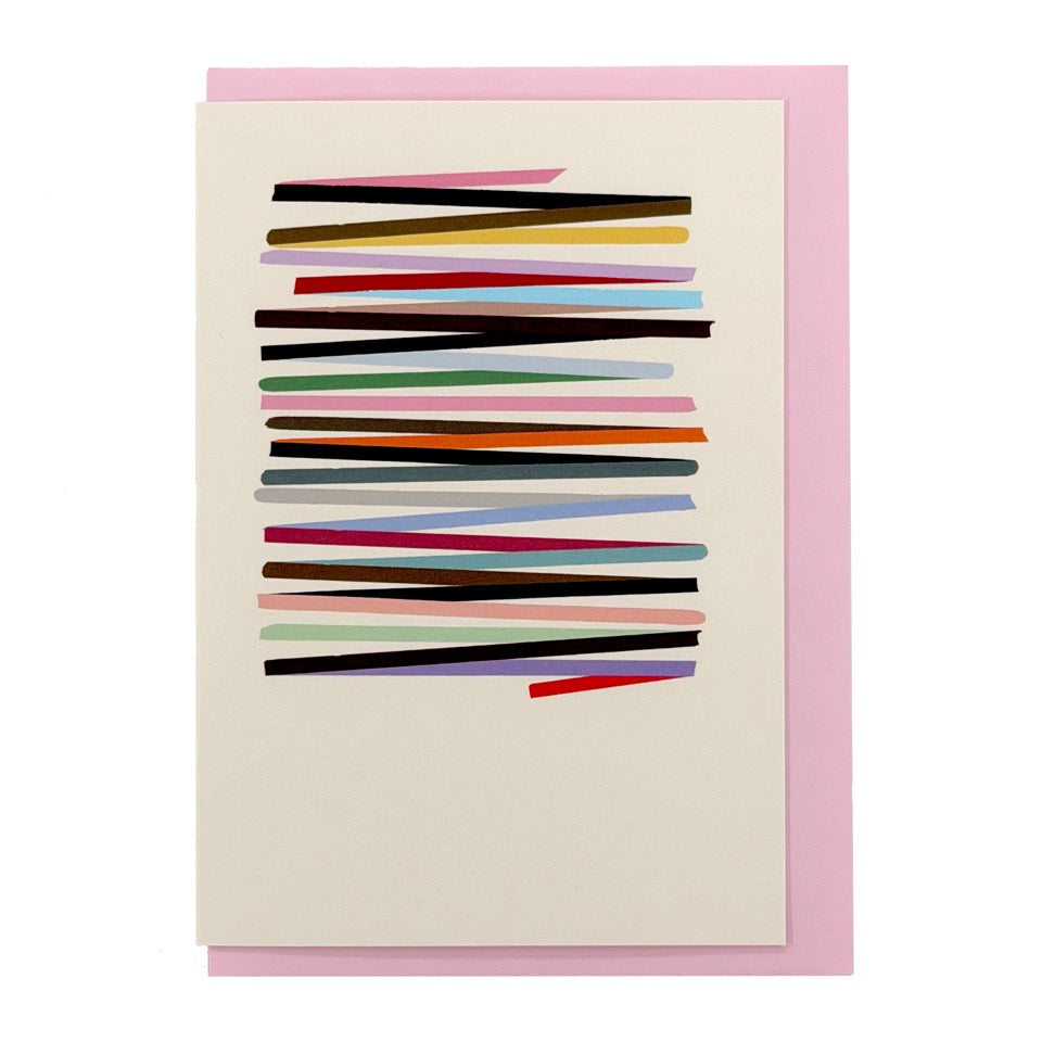 Off-white Rhythm card with layered multicoloured lines, shown with a pink envelope.