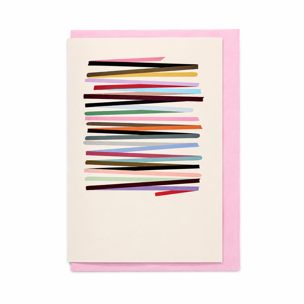 Off-white Rhythm card with layered multicoloured lines, shown with a pink envelope.