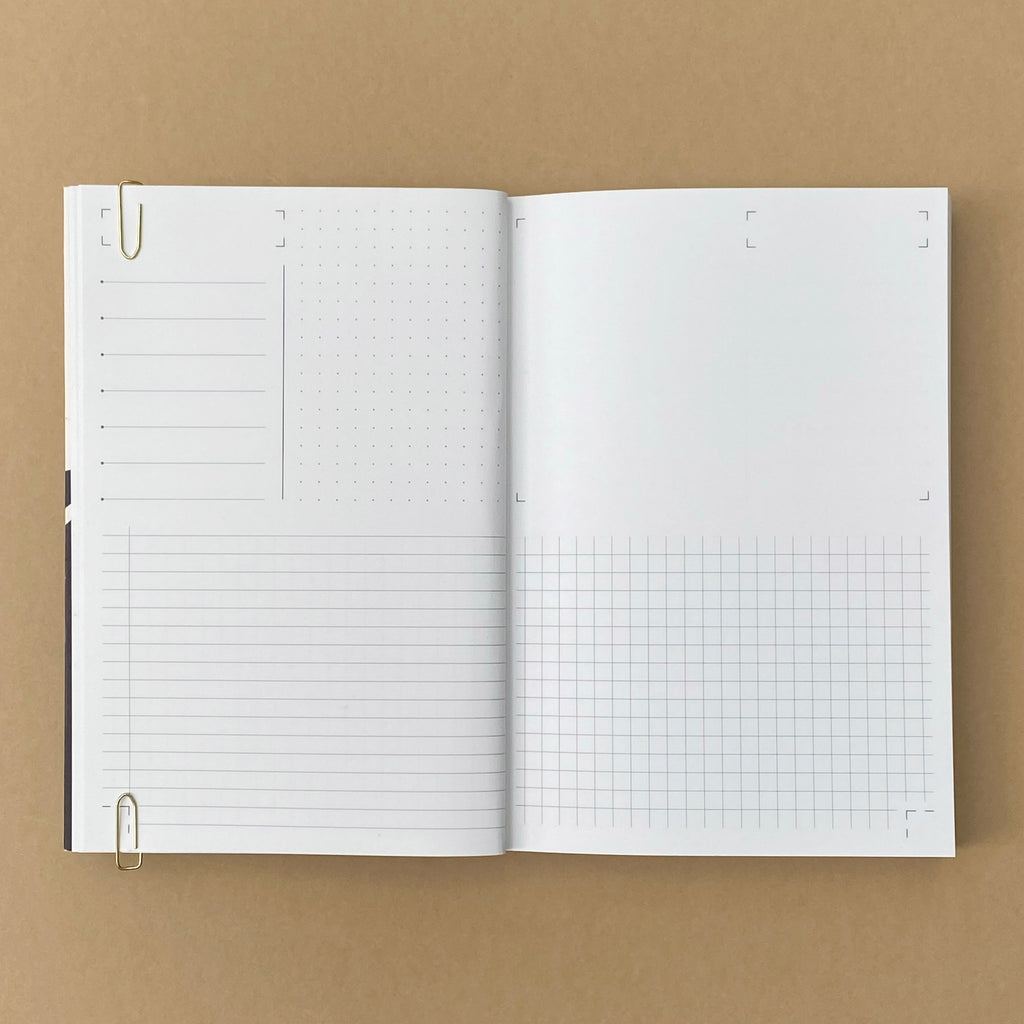 Open Rollright notebook showing lined, dot grid, blank and square grid page layouts