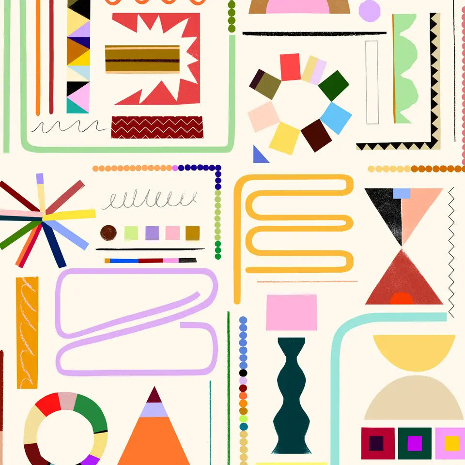 Scrapbook wrapping paper design featuring colourful graphic shapes and hand-drawn details